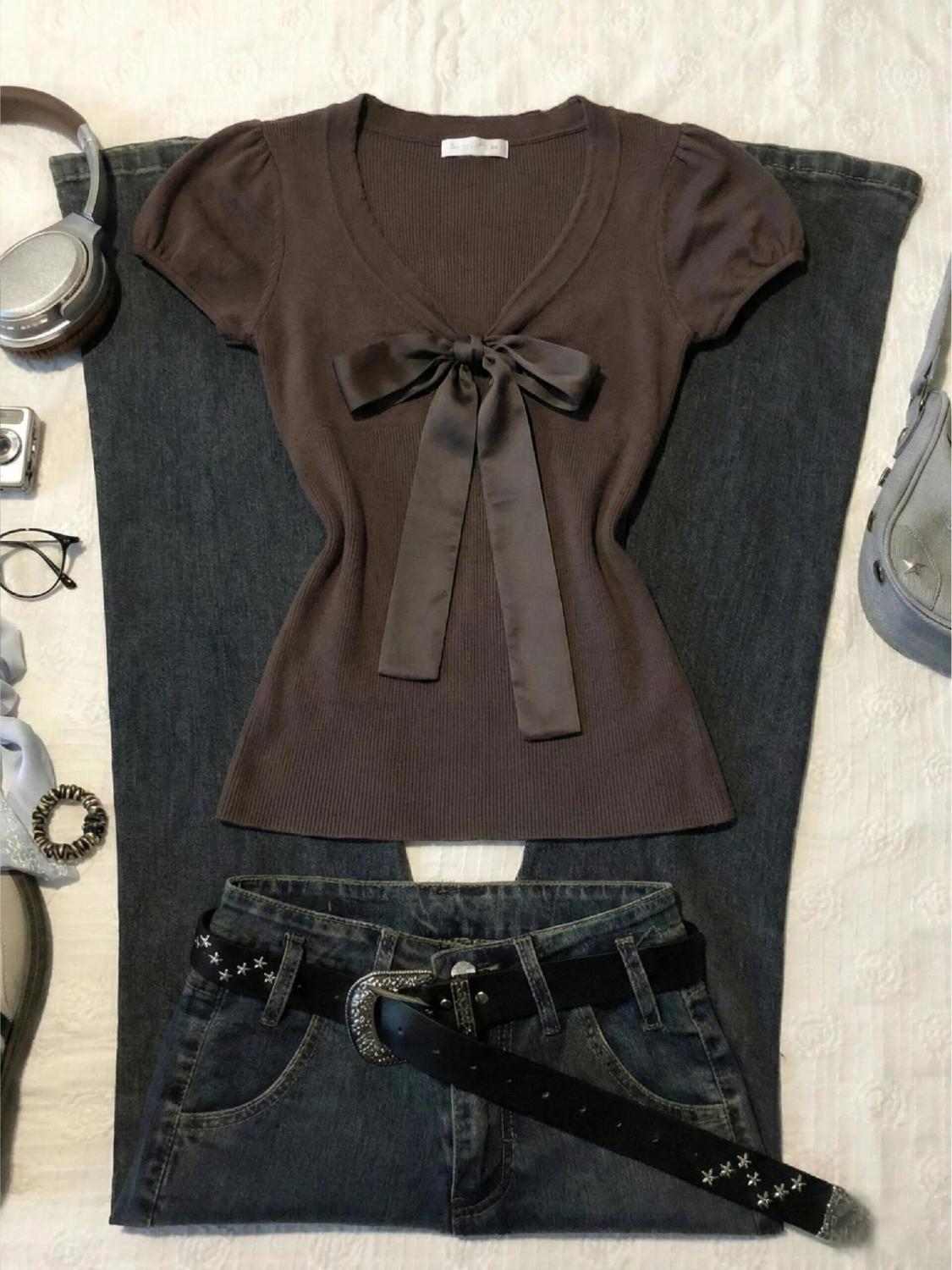 Street Fashion Goth - Vintage T-shirt Bow Y2k Slim Sexy