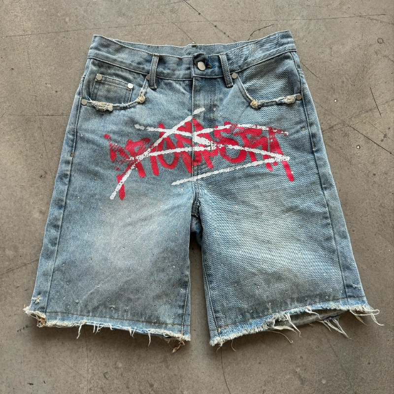Street Fashion Baggy - Y2K Graffiti Jorts Rhinestone Distressed Printed