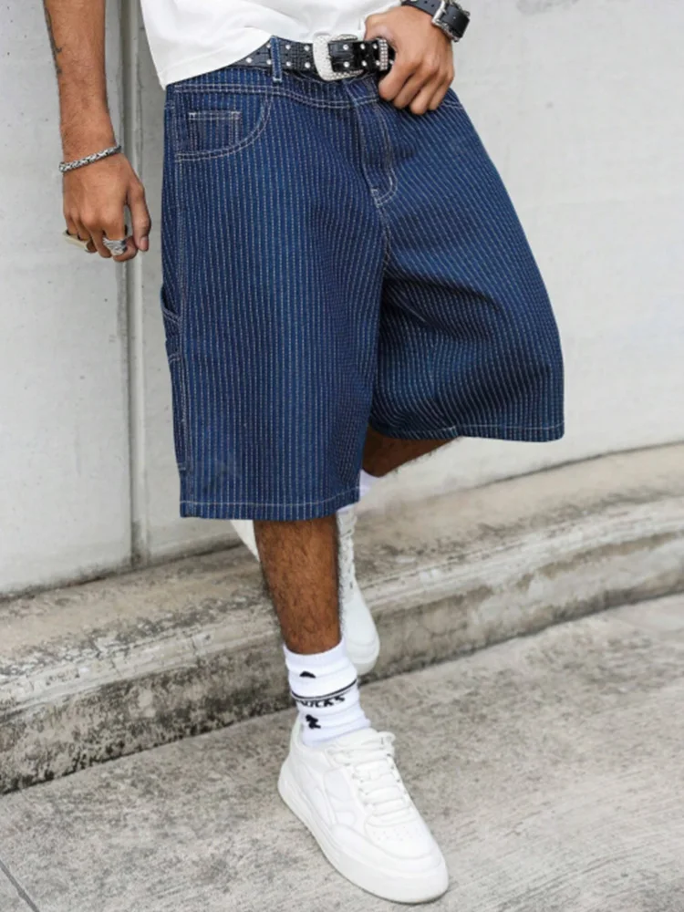 Street Fashion Baggy - Vintage Hickory Stripe Baggy Denim Shorts