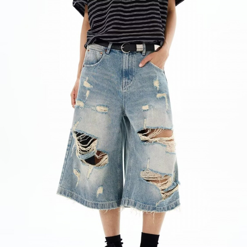 Street Fashion Baggy - New Men Vintage Ripped Baggy Short