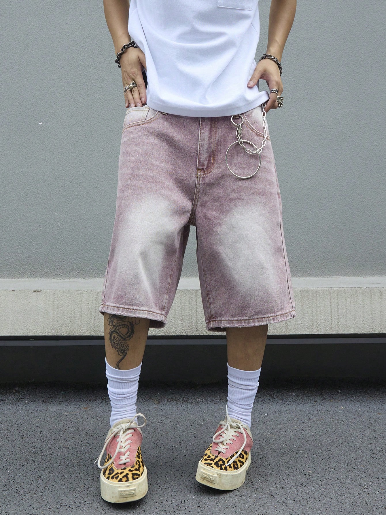 Men's Pink Gradient Denim Shor - Street Fashion Baggy 评论和价格