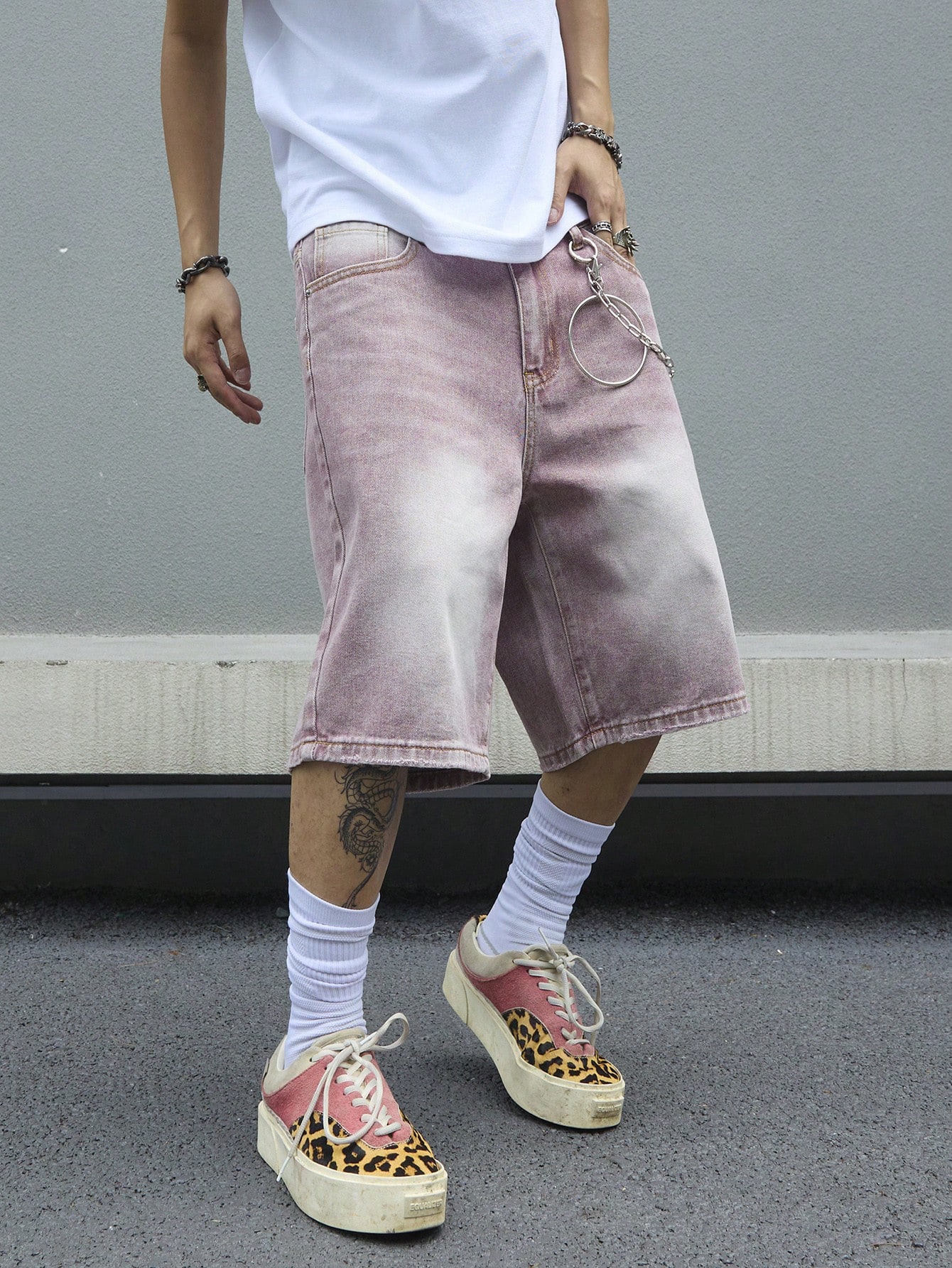 Men's Pink Gradient Denim Shor - Street Fashion Baggy 评论和价格