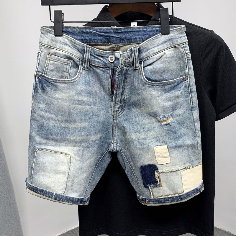 Straight Male Denim Shorts Rip - Street Fashion Baggy 评论和价格