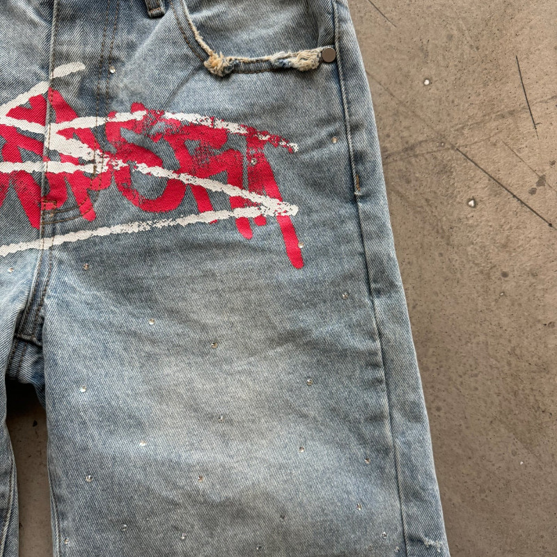 Y2K Graffiti Jorts Rhinestone  - Street Fashion Baggy 评论和价格